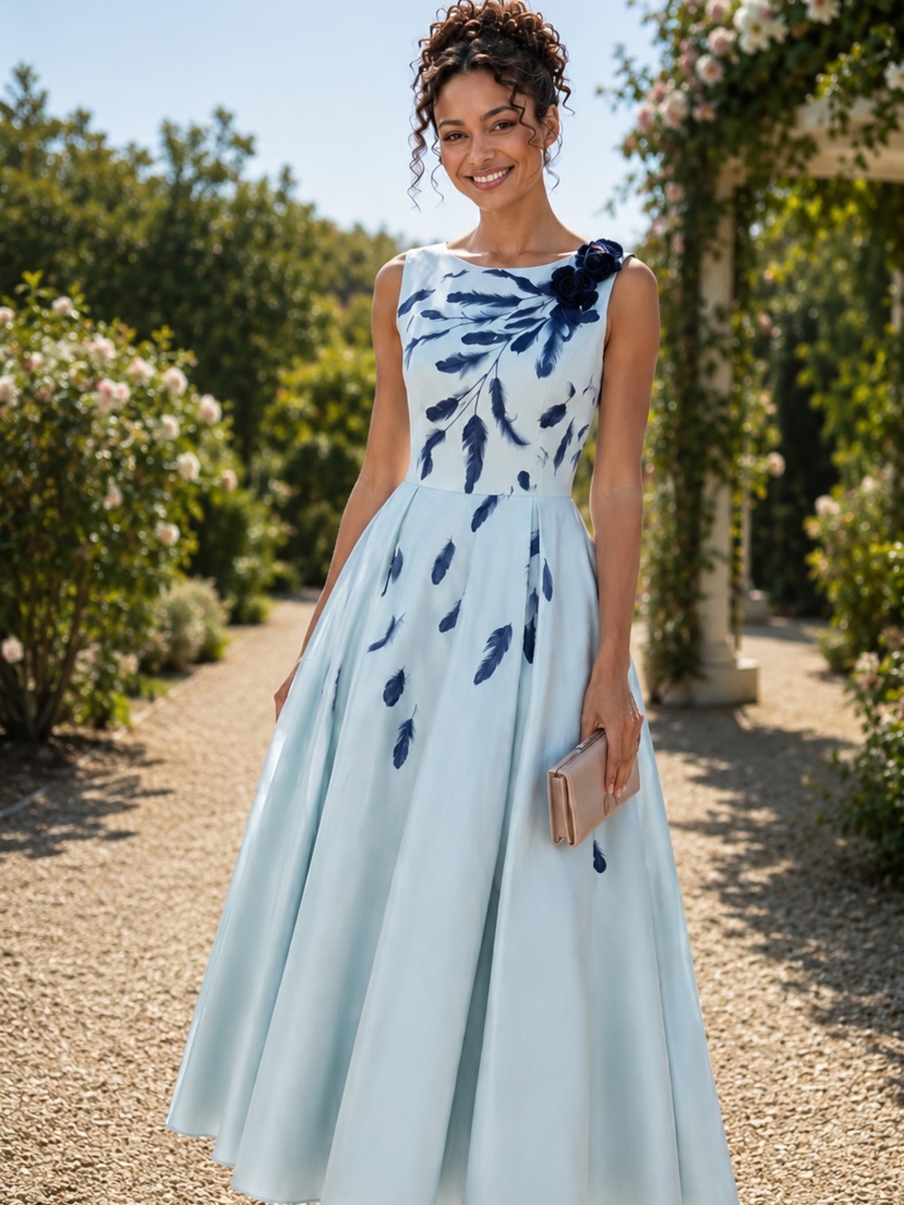 Elegant Blue Feather Print Dress #119